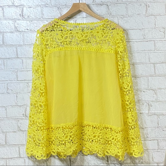 Women long sleeved chiffon hollow flower Yellow Lace Blouse Crochet Size XL US - Picture 2 of 3